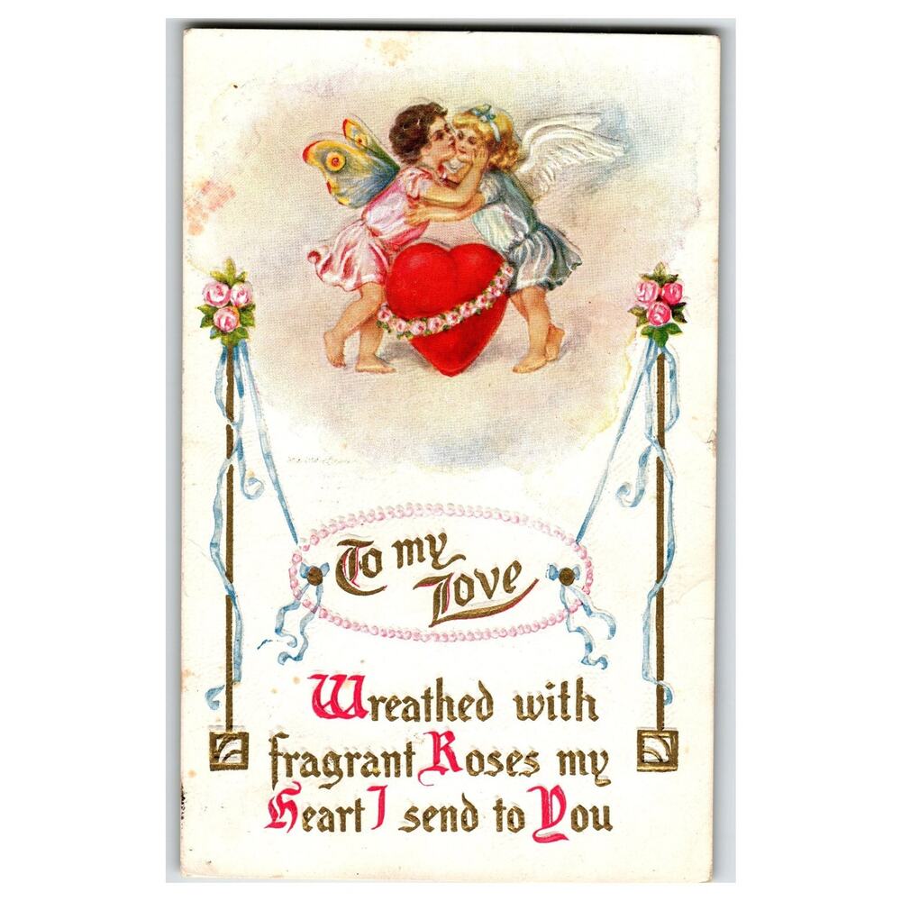 1912 Embossed Valentine Postcard Cherubs Heart Love Poem Lamberton MN Postmark